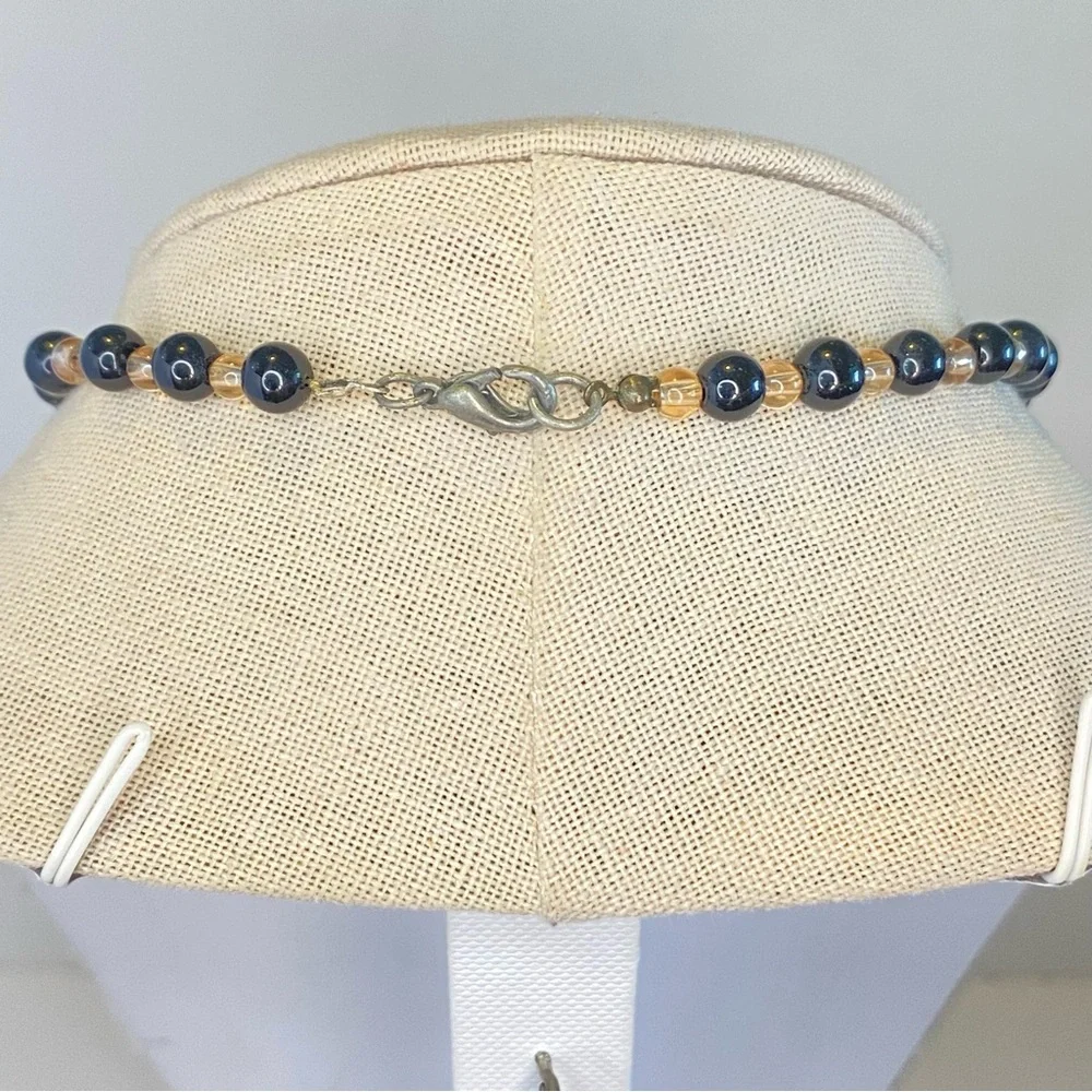 Vintage Style Black Glass Bead Necklace Silver Floral‎ Medallion Pendant